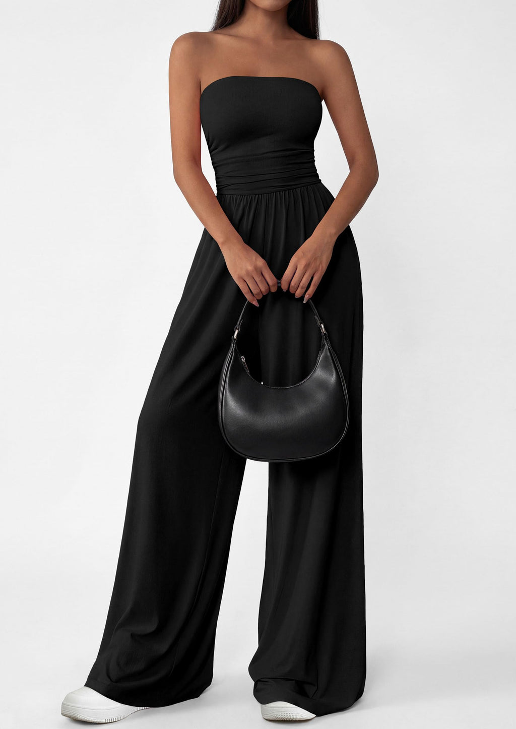 PRETTYGARDEN Womens Trendy Strapless Rompers Ruched Tube Top Wide Leg One Piece Jumpsuits Beach Vacation Summer Outfits