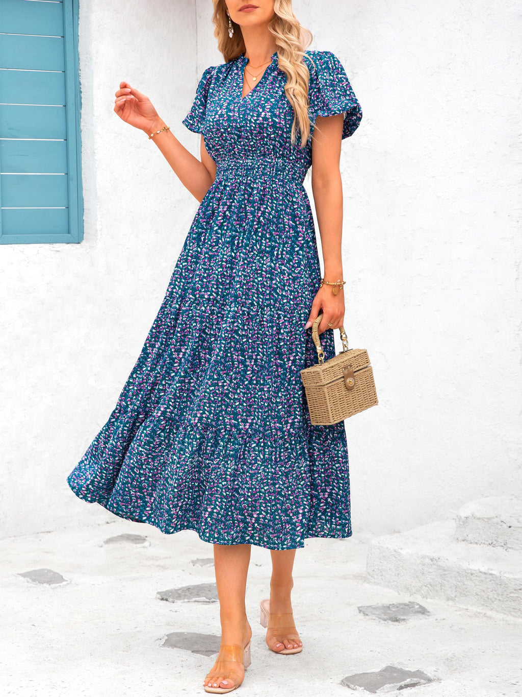 PRETTYGARDEN Summer Maxi Dresses for Women  Casual V Neck Puff Short Sleeve Smocked Flowy Beach Boho Long Floral Dress