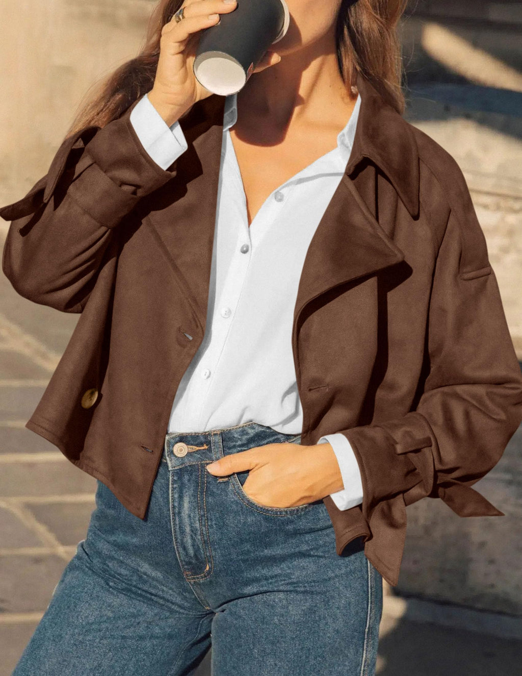 PRETTYGARDEN Women Faux Suede Double Breasted Trench Coat Cropped Jackets Raglan Long Sleeve,Lapel,Tie Cuff,Button Down,Fall Fashion Outerwear,Winter Clothes,Work Office Casual Short Jacket