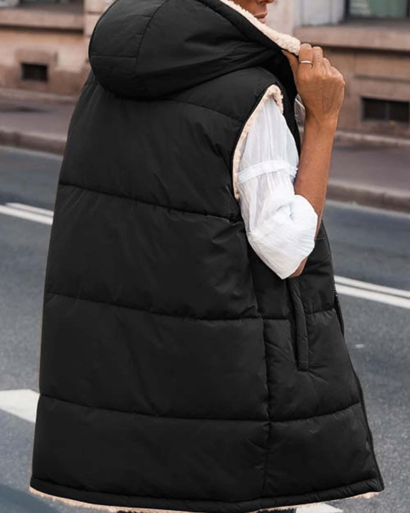 BTFBM Long Puffer Vest Women Fleece Sherpa Jacket Sleeveless Hooded Reversible Zip Up Winter Coat Fall Vests Outerwear