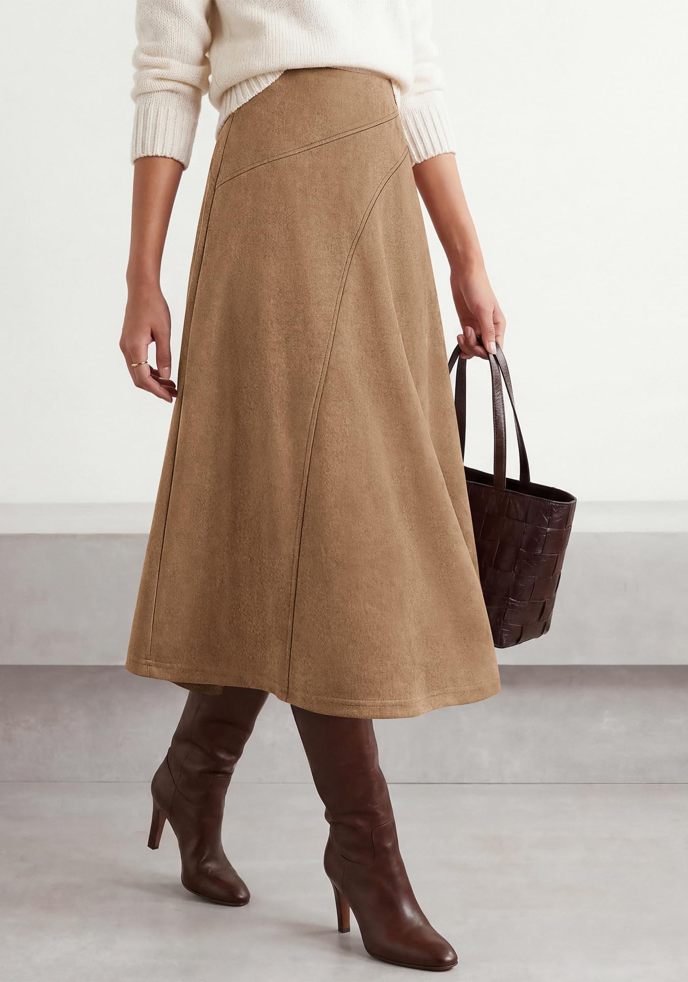 BTFBM Women Faux Suede Midi Long Skirt Fall Fashion | High Waisted Skirts For Women Trendy, Lightweight, Back Elastic, Arc Line Design, A-Line, Winter Dress, Boho Western Outfits