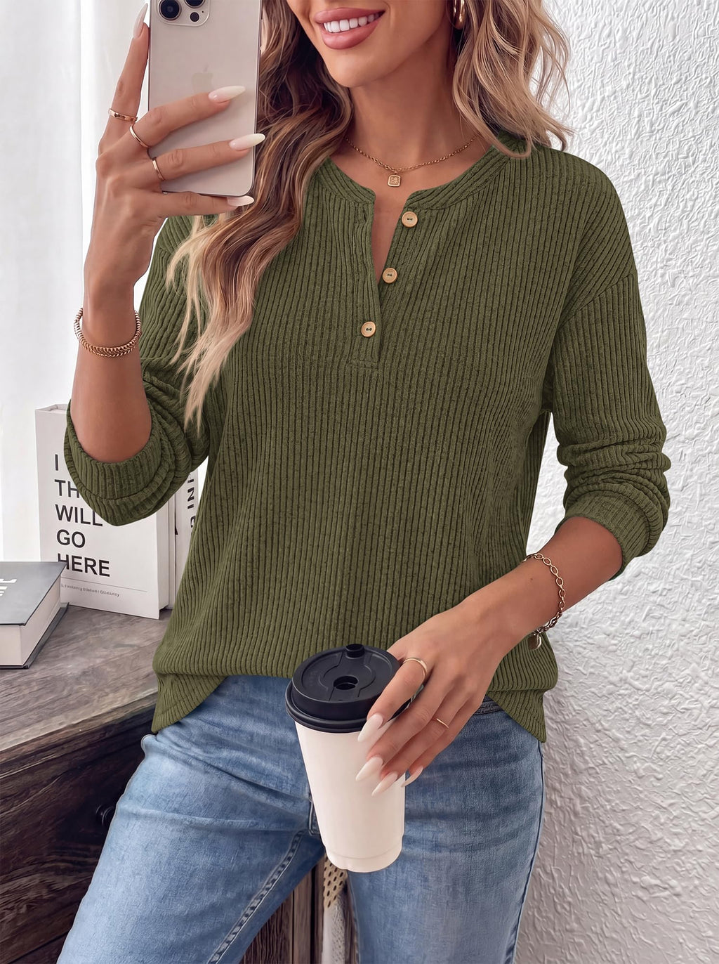 FreshPretty Henley Shirts For Women Ribbed Button Up Sweater Top,Soft Fall Long Sleeve Shirt,Lightweight Drop Shoulder Knit Tops,Dressy Casual Work Office Blouses,Teacher School Outfits