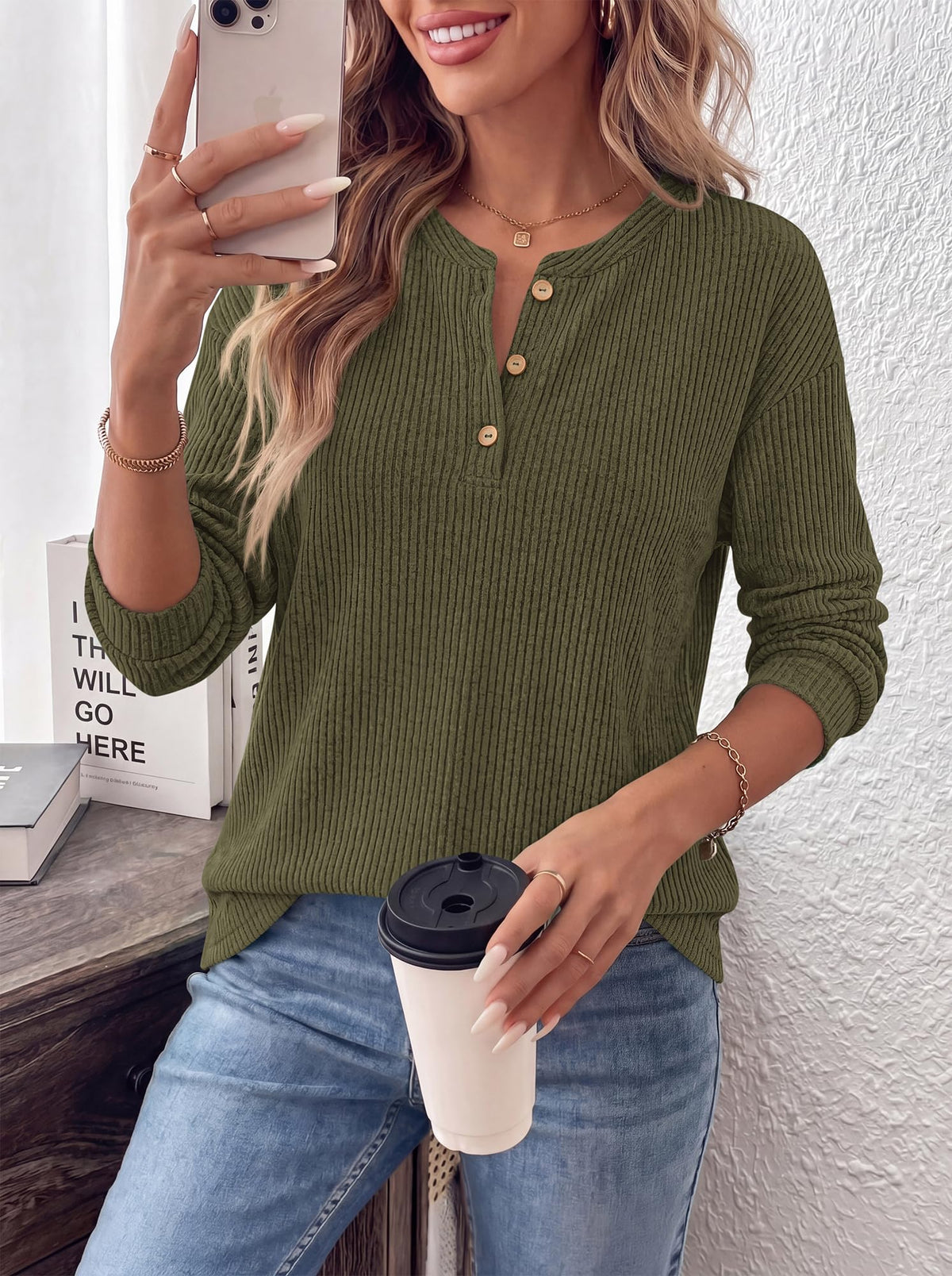 FreshPretty Henley Shirts For Women Ribbed Button Up Sweater Top,Soft Fall Long Sleeve Shirt,Lightweight Drop Shoulder Knit Tops,Dressy Casual Work Office Blouses,Teacher School Outfits