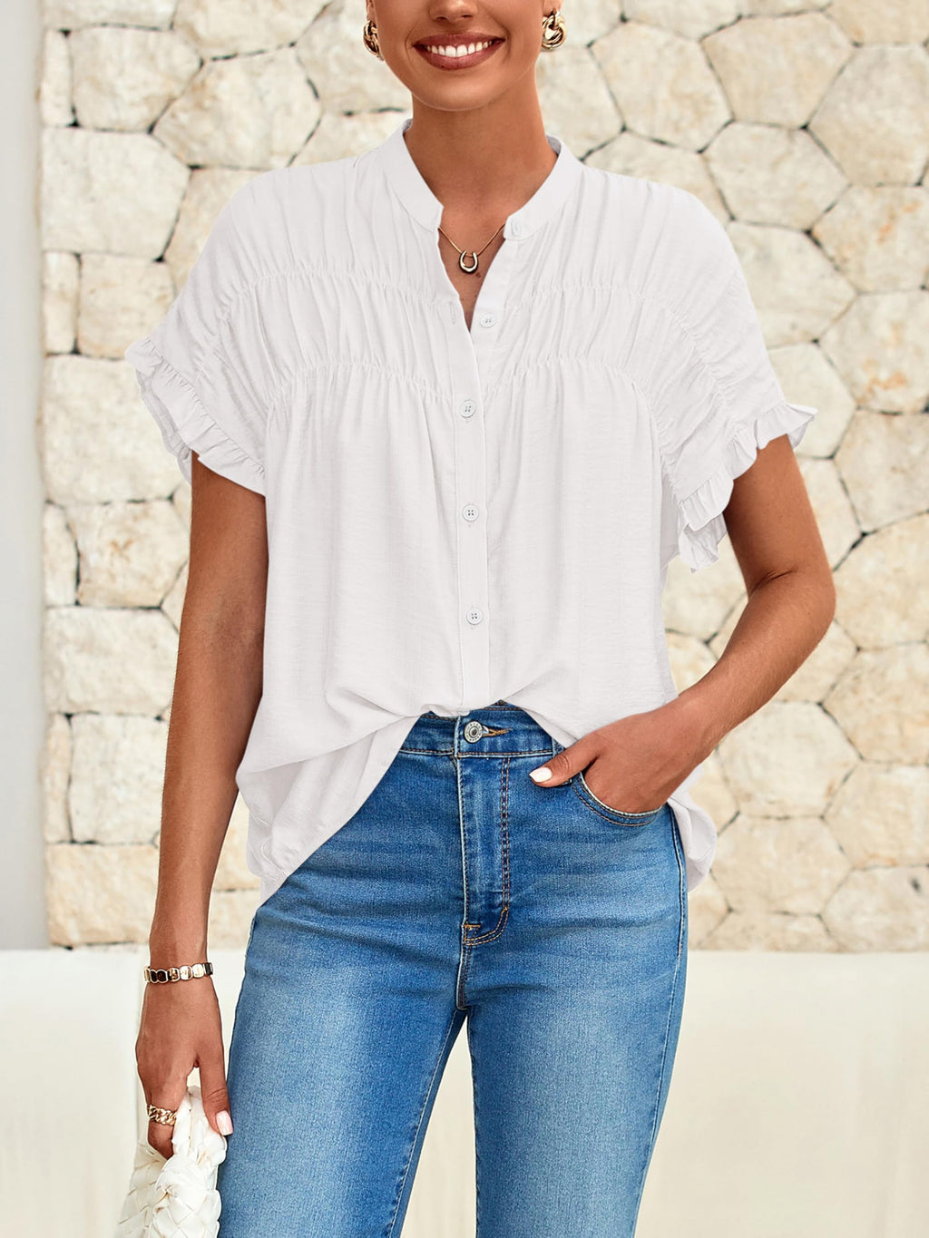 FreshPretty Womens Button Down Shirts Ruffle Short Sleeve Loose Summer Tops Dressy Casual V Neck Business Work Blouses