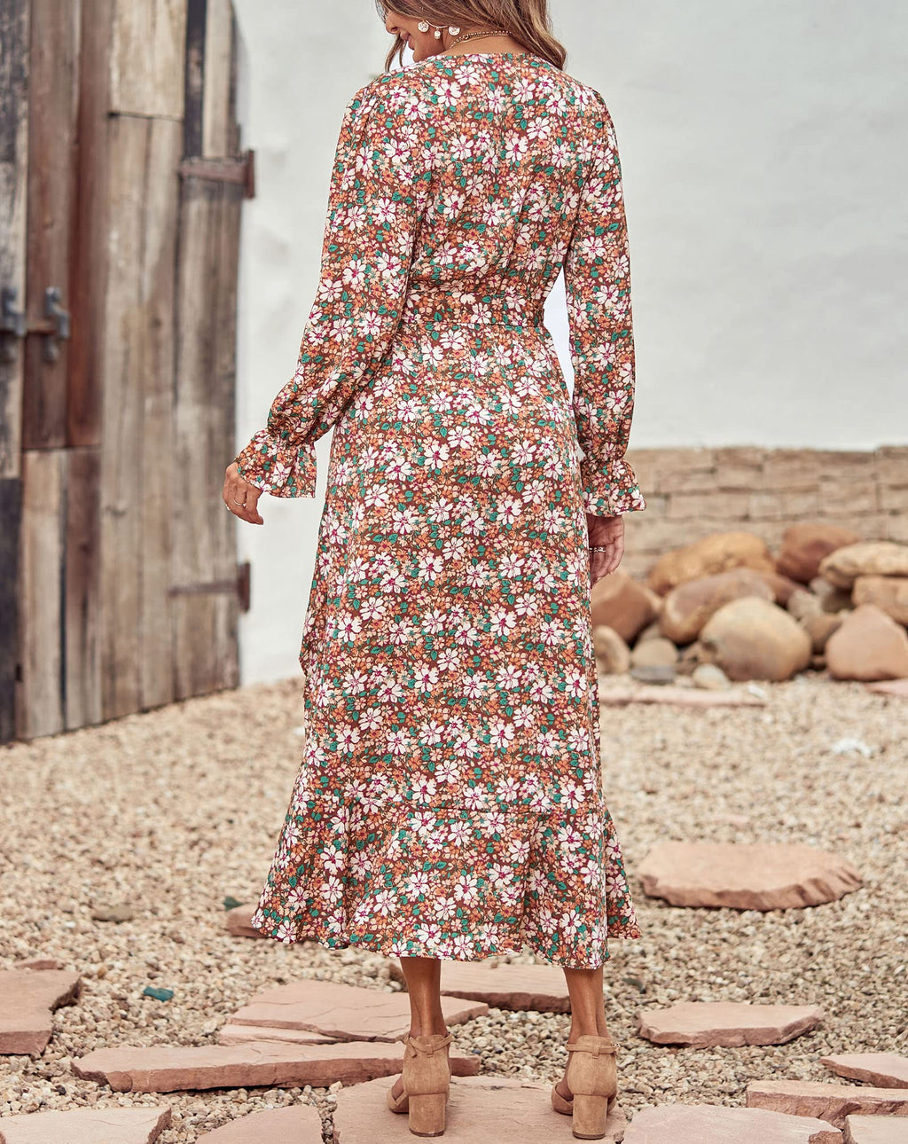 BTFBM Womens Dresses Summer V Neck Floral High Waist Ruffle Wedding Guest Cocktail Boho Spring Long Sleeve Dress
