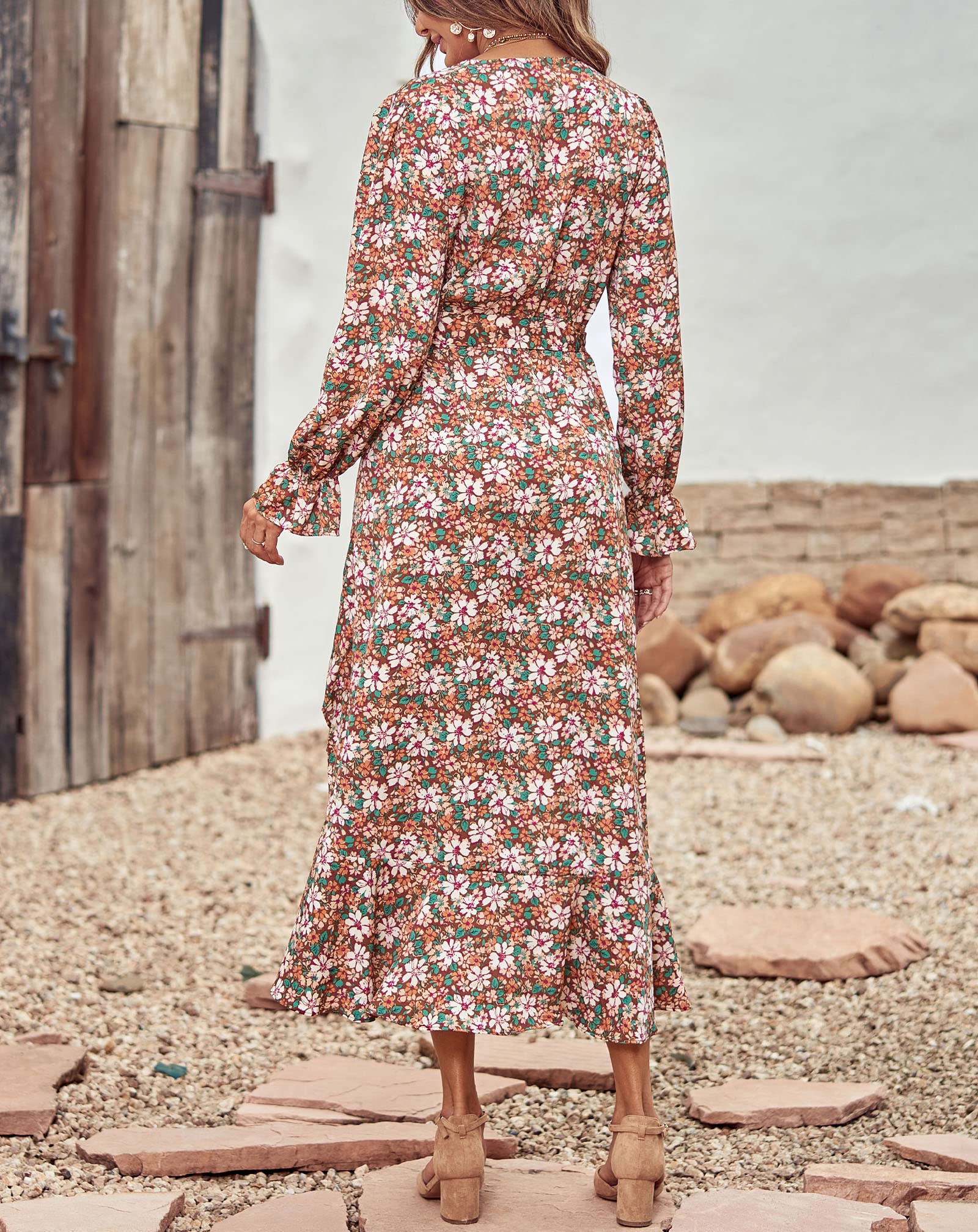 BTFBM Womens Dresses Summer V Neck Floral High Waist Ruffle Wedding Guest Cocktail Boho Spring Long Sleeve Dress