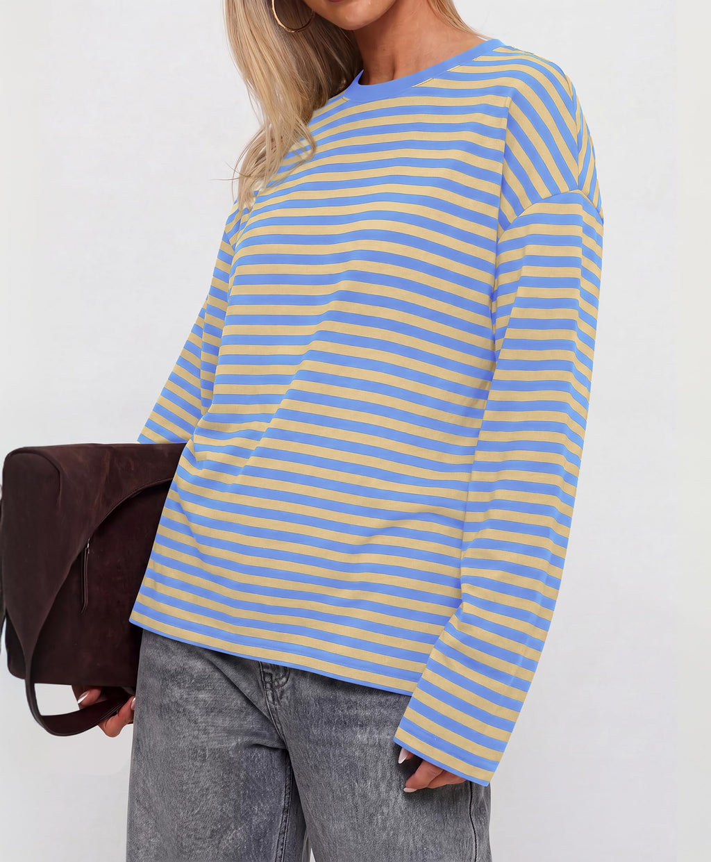BTFBM Womens Long Sleeve Tops Fall Fashion | Lightweight, Crew Neck, Oversized Striped Shirt Women, Y2k Clothes, Vacation Travel Outfits, Going Out Top, Winter Layering