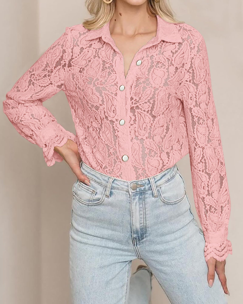 FreshPretty Long Sleeve Lace Blouses for Women Spring Dressy Casual Button Down Shirts Date Night Outfit Club Party Tops