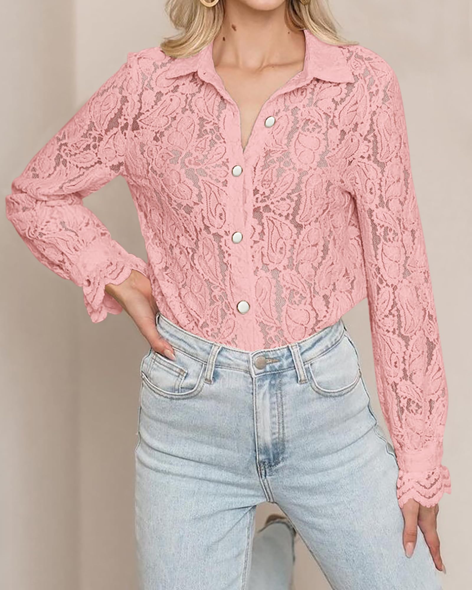 FreshPretty Long Sleeve Lace Blouses for Women Spring Dressy Casual Button Down Shirts Date Night Outfit Club Party Tops