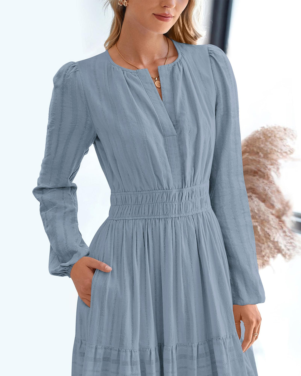 FreshPretty Fall Dresses for Women Casual Long Sleeve V Neck Elastic Waist Lightweight Maxi Wedding Guest Dress Pockets