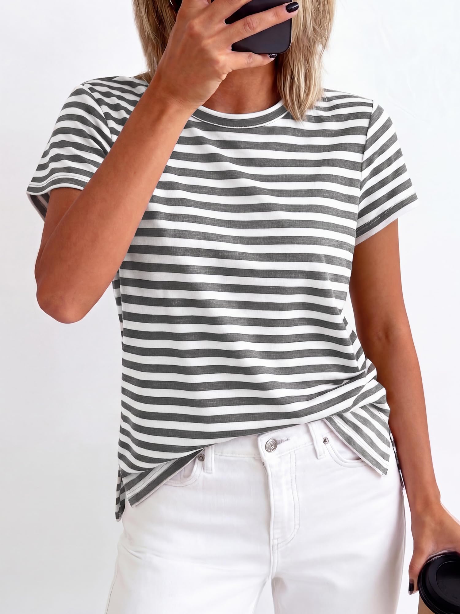 BTFBM Tops for Women Trendy Summer Crew Neck Short Sleeve T Shirts Striped Casual Vacation Blouse Basic Tee