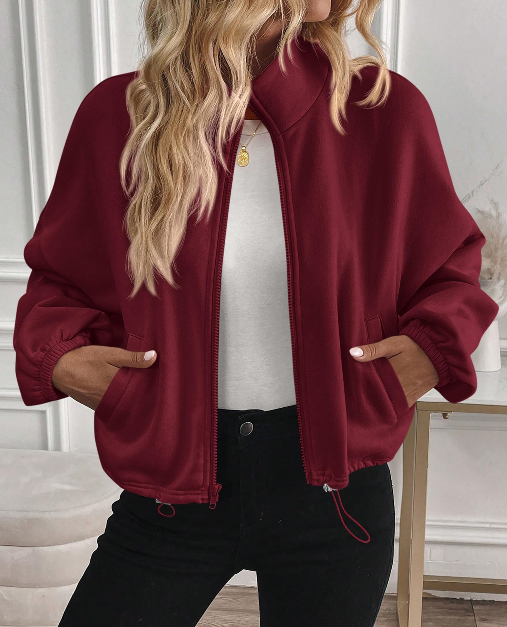 PRETTYGARDEN Womens Zip Up Fleece Cropped Sweatshirt Jacket Oversized Loose Soft Stand Collar with Drawstring Hem, Long Sleeve Casual Coat With Pockets, Fall Outfits Winter Clothing