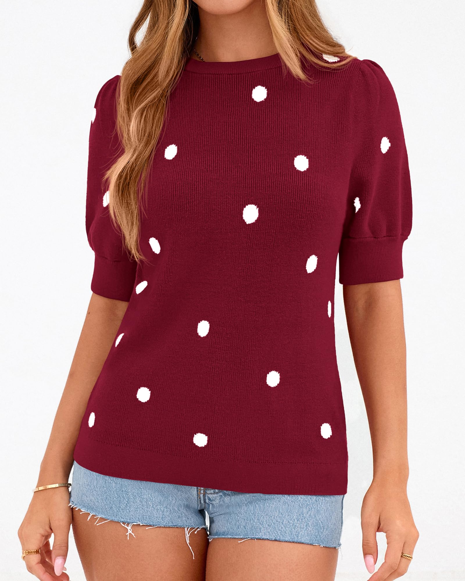 BTFBM Womens Sweaters Polka Dot Short Sleeve Sweater for Women Crew Neck Knit Summer Tops Business Dressy Casual Blouses