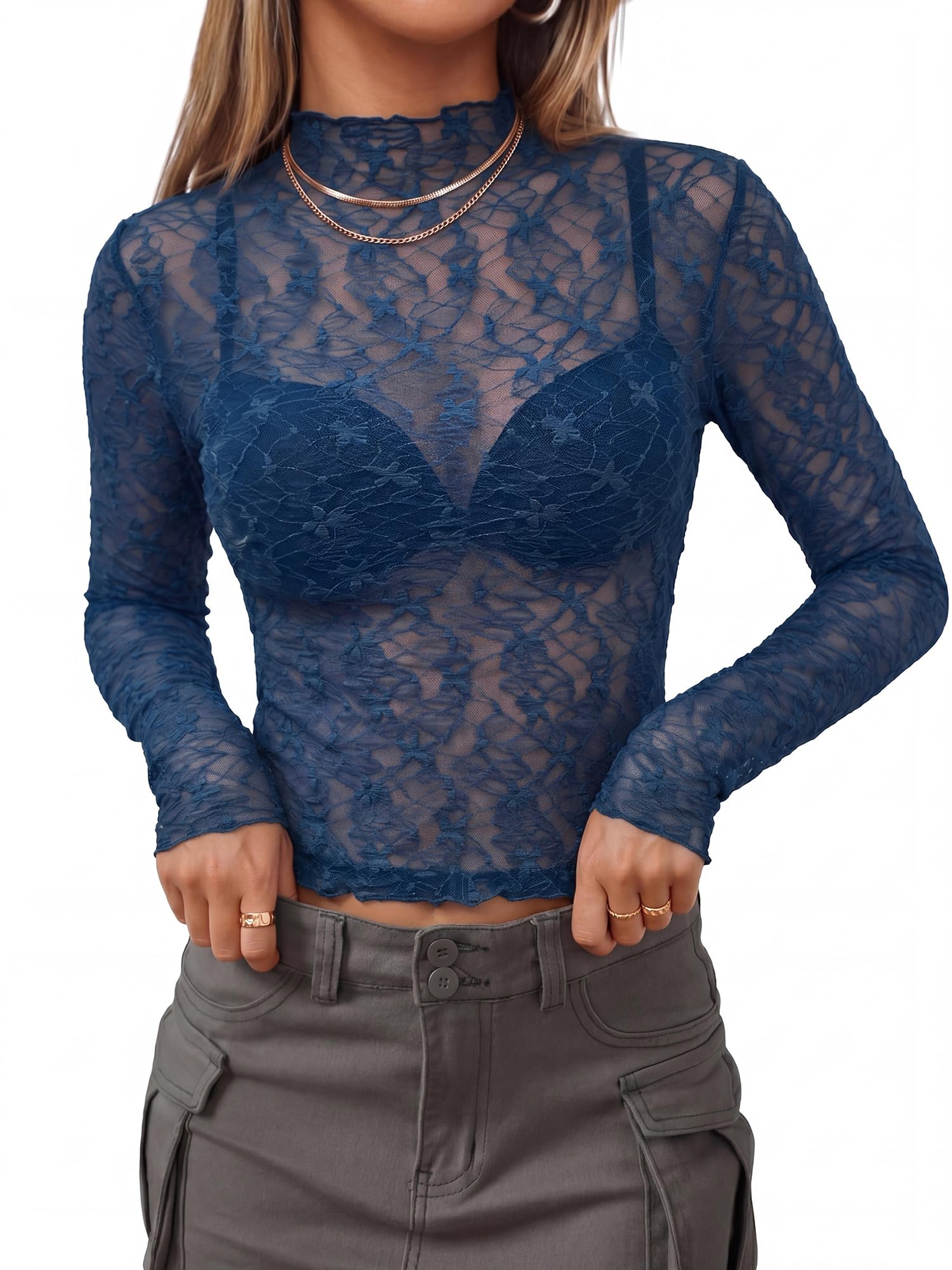 BTFBM Womens Tops Mesh Lace Long Sleeve Tops for Women Spring Fall Sheer See Through Tight Party Club Outfits