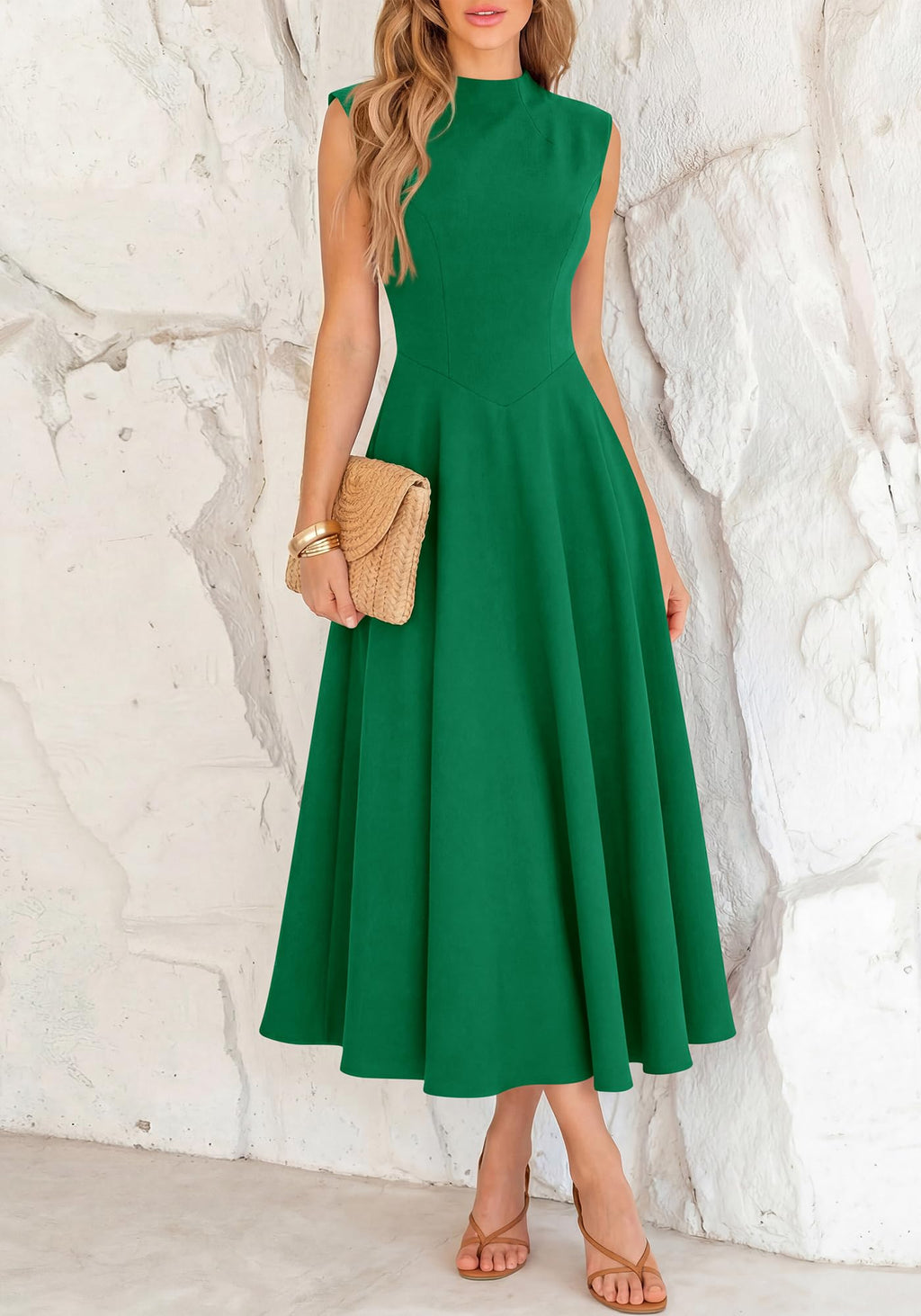BTFBM Summer Dresses for Women Mock Neck Sleeveless High Waist Flowy Aline Maxi Spring Wedding Guest Dress Cocktail