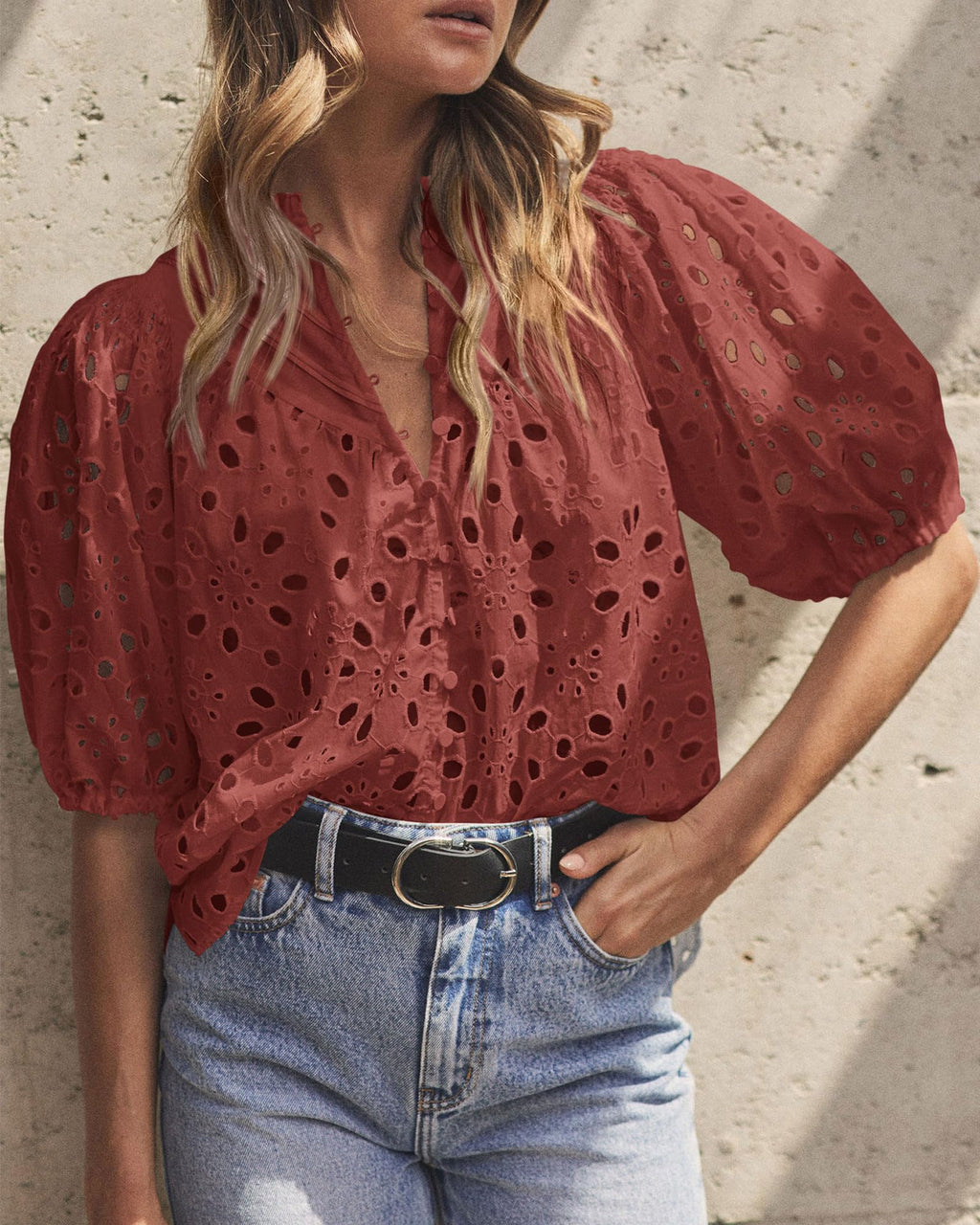PRETTYGARDEN Women's Summer Tops Dressy Casual Short Sleeve V Neck Buttons Hollow Out Lace Embroidered Blouses Shirts
