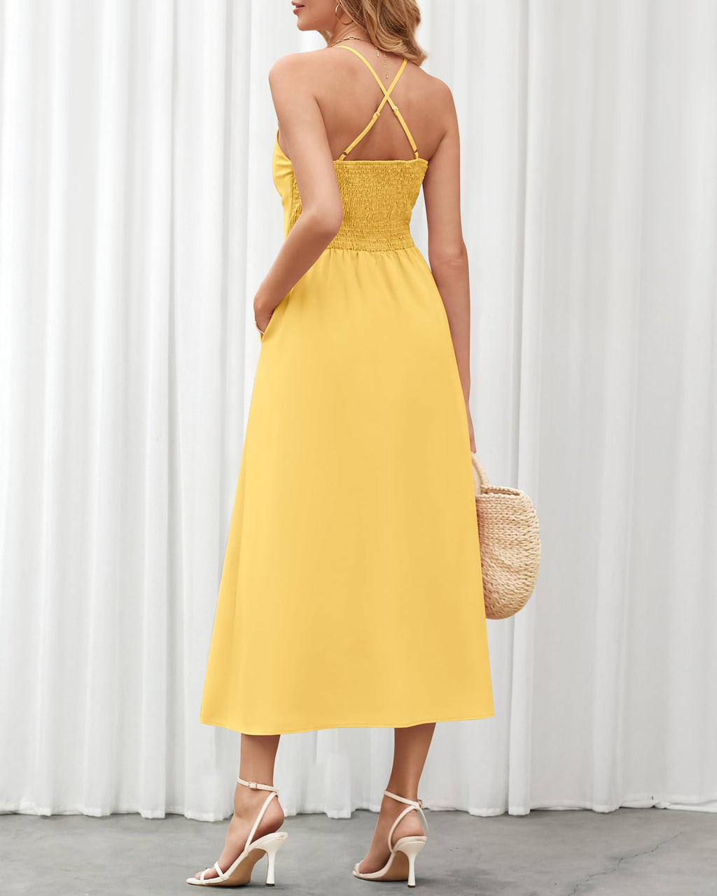 BTFBM Women Spaghetti Strap Midi Summer Dresses Sleeveless V Neck Cutout Slit Casual Beach Party Maxi Dress Pockets