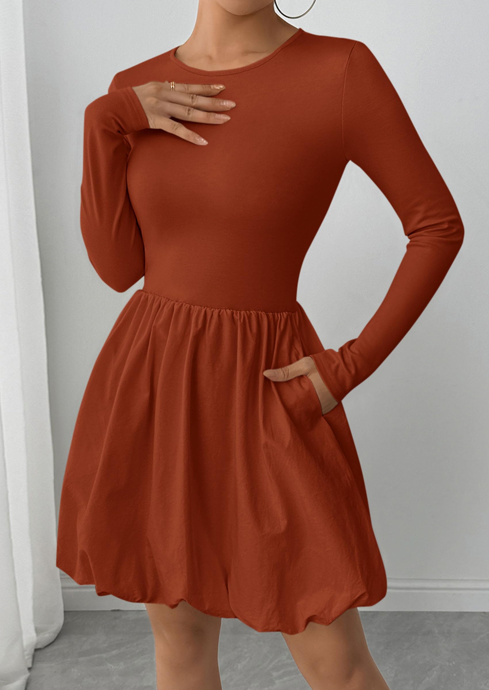 PRETTYGARDEN Fall Dresses for Women Casual Long Sleeve Bubble Cute Crew Neck A Line Mini Short Dress with Pockets