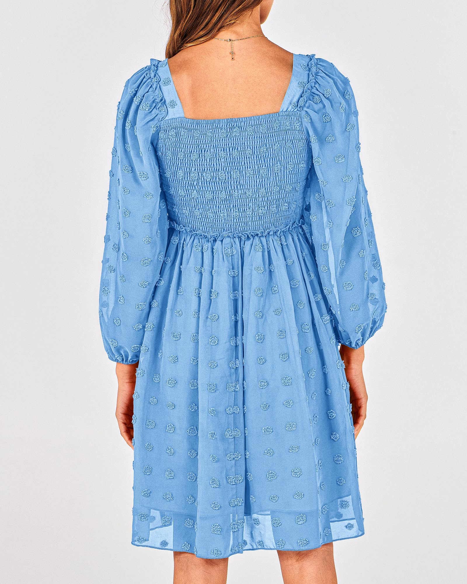 BTFBM Womens Long Sleeve Dress Summer Vacation Square Neck Smocked Floral Mini Boho Spring Wedding Guest Dresses