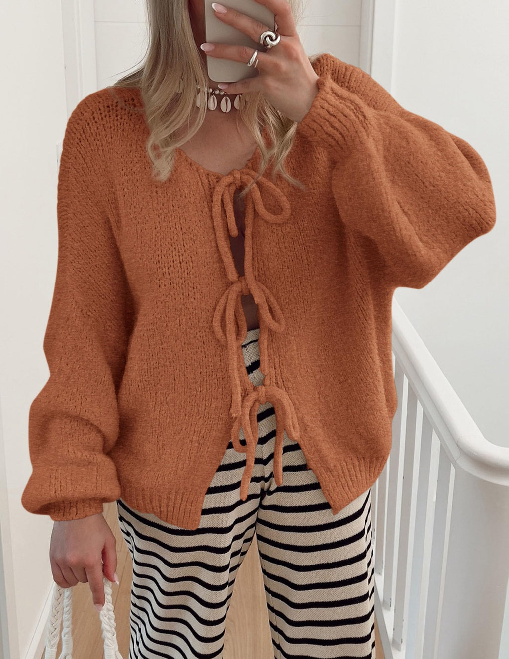 PRETTYGARDEN Women's Tie Front Bow Cardigan Sweaters Chunky Knit Long Puff Sleeve Trendy Fall Winter Jacket Coat