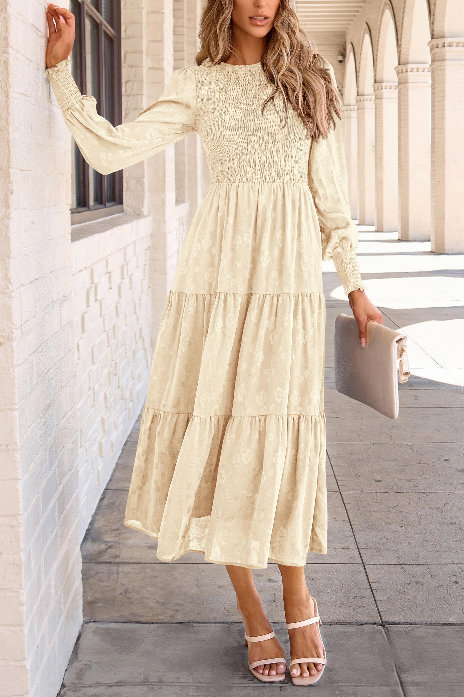 PRETTYGARDEN Women's Fall Spring Midi Dress Long Sleeve Floral Smocked Elegant Wedding Guest Long Flowy Dresses with Pockets