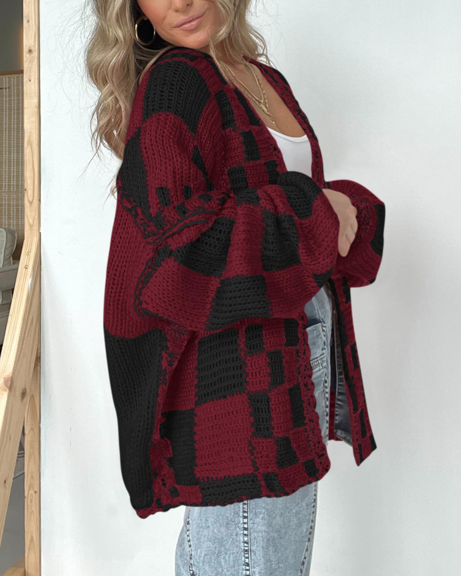FreshPretty Casual Cardigan Sweater for Women Fall Long Sleeve Open Front Chunky Knit Sweaters Checkered Outwear Coat