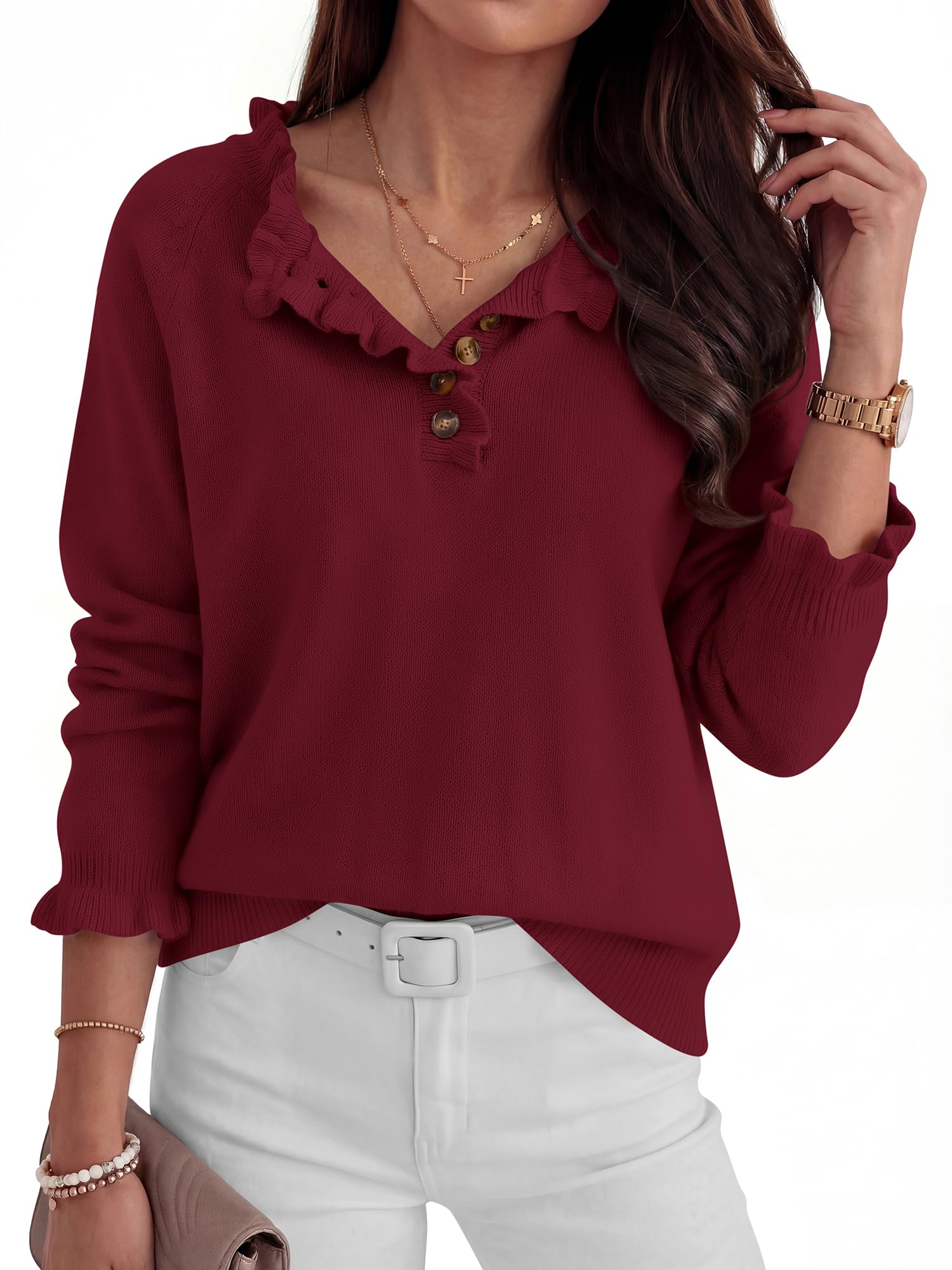 BTFBM Womens Sweaters Fall Winter Clothes Long Sleeve Button Down Ruffle Crew Neck Casual Knitted Pullover Tops