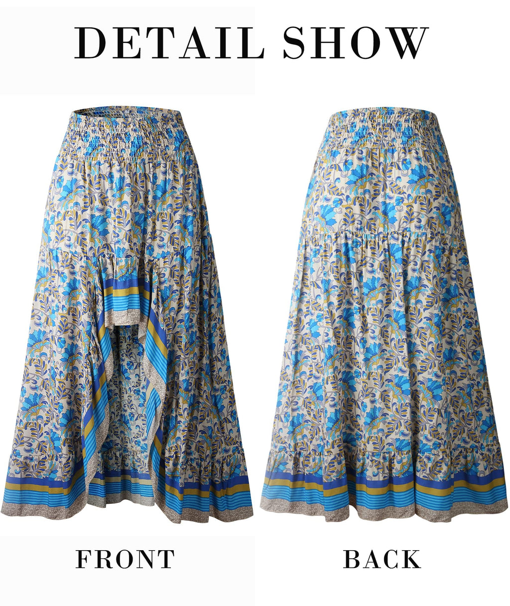 FreshPretty Women Summer Fall Boho Long Skirts Dress Floral Print Elastic Waist Split Ruffle High Low Beach Maxi Skirt