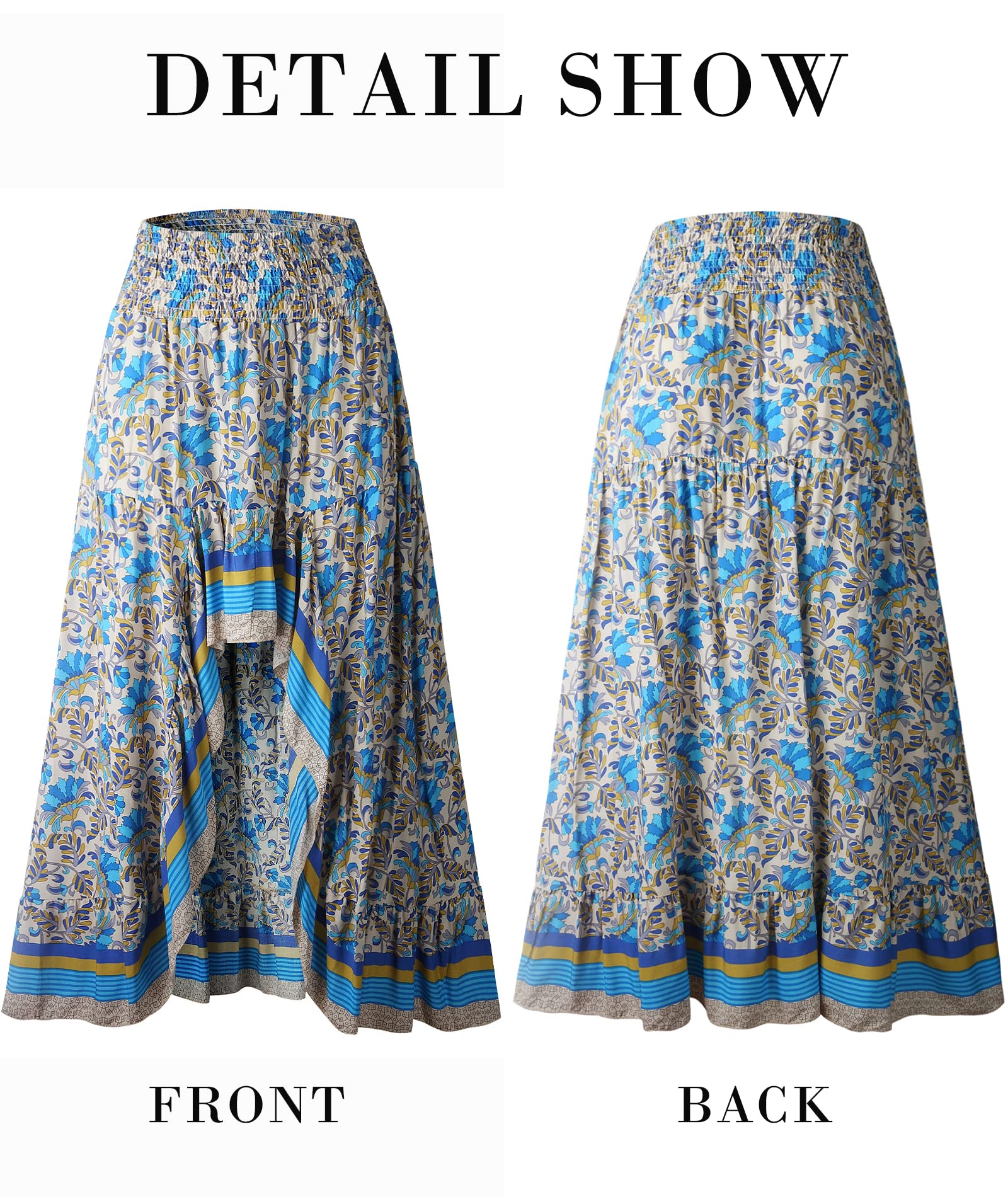 FreshPretty Women Summer Fall Boho Long Skirts Dress Floral Print Elastic Waist Split Ruffle High Low Beach Maxi Skirt