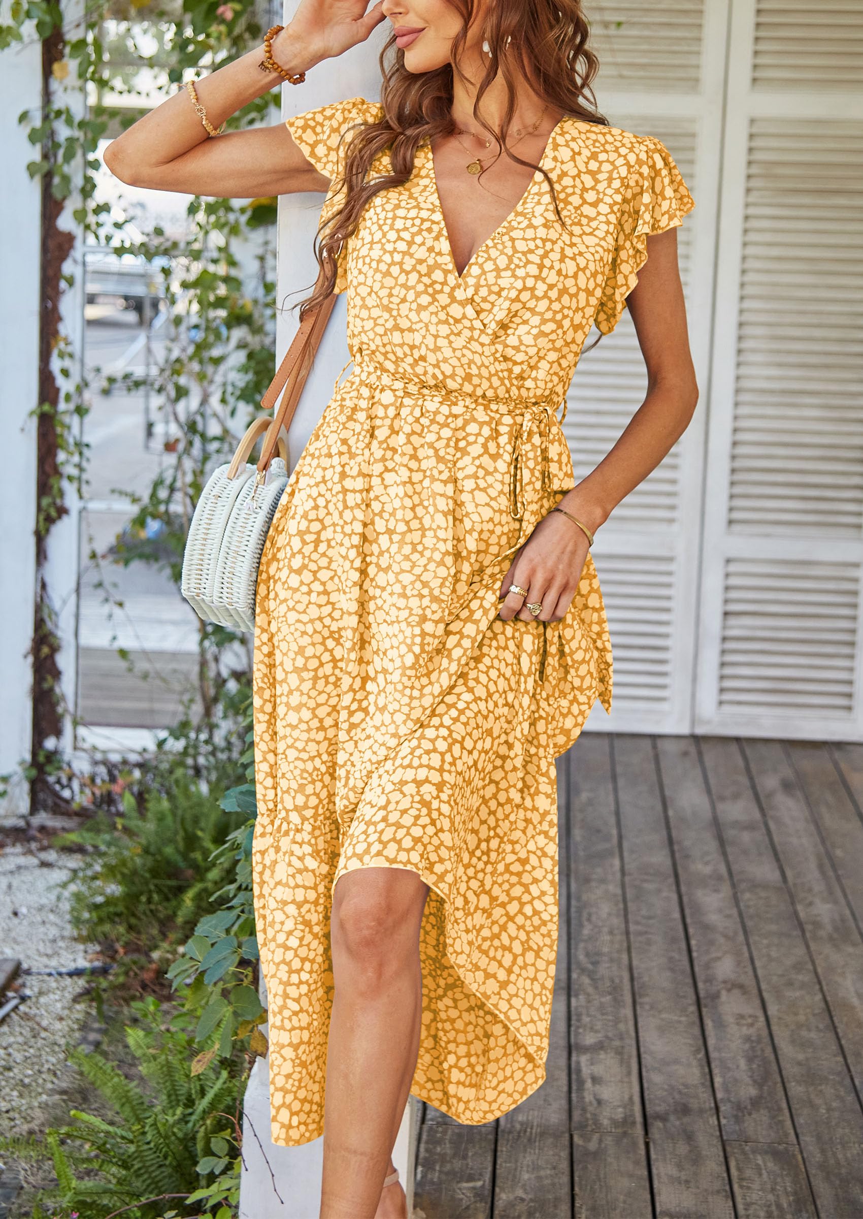 PRETTYGARDEN Women's Summer Floral Boho Maxi Dress Wrap Short Sleeve V Neck Ruffle A-Line Flowy Wedding Guest Long Dresses