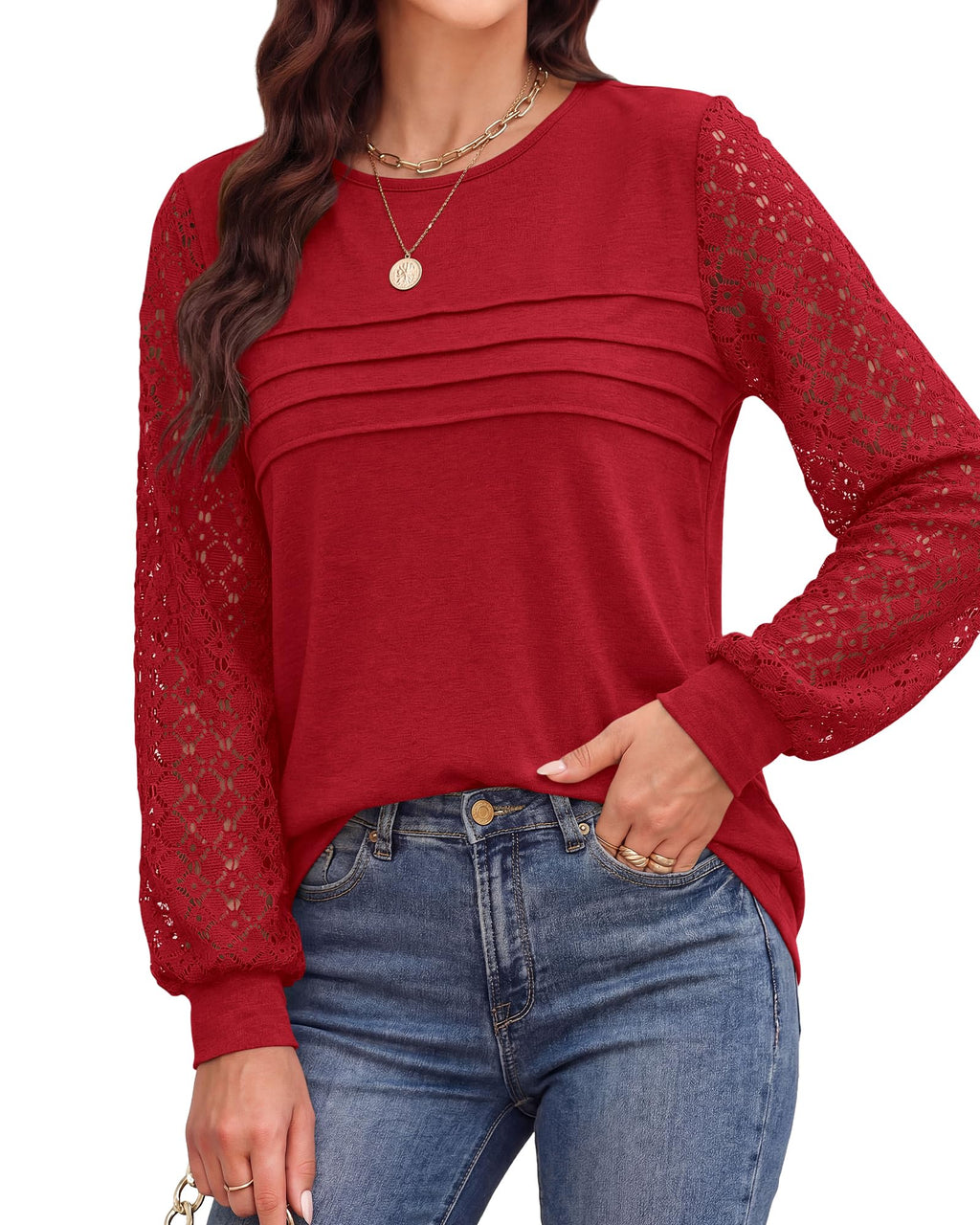 BTFBM Women's Long Sleeve Shirts Dressy Lace Fall Tops Trendy Business Casual T-Shirts Cute Work Outfits Blouses