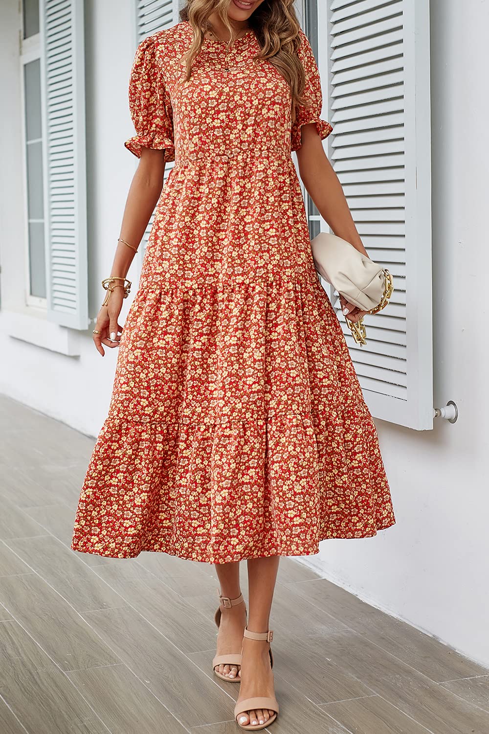 PRETTYGARDEN Summer Dresses for Women Casual Floral Boho Midi Sun Dress Puff Short Sleeve Flowy Beach Vacation Sundress