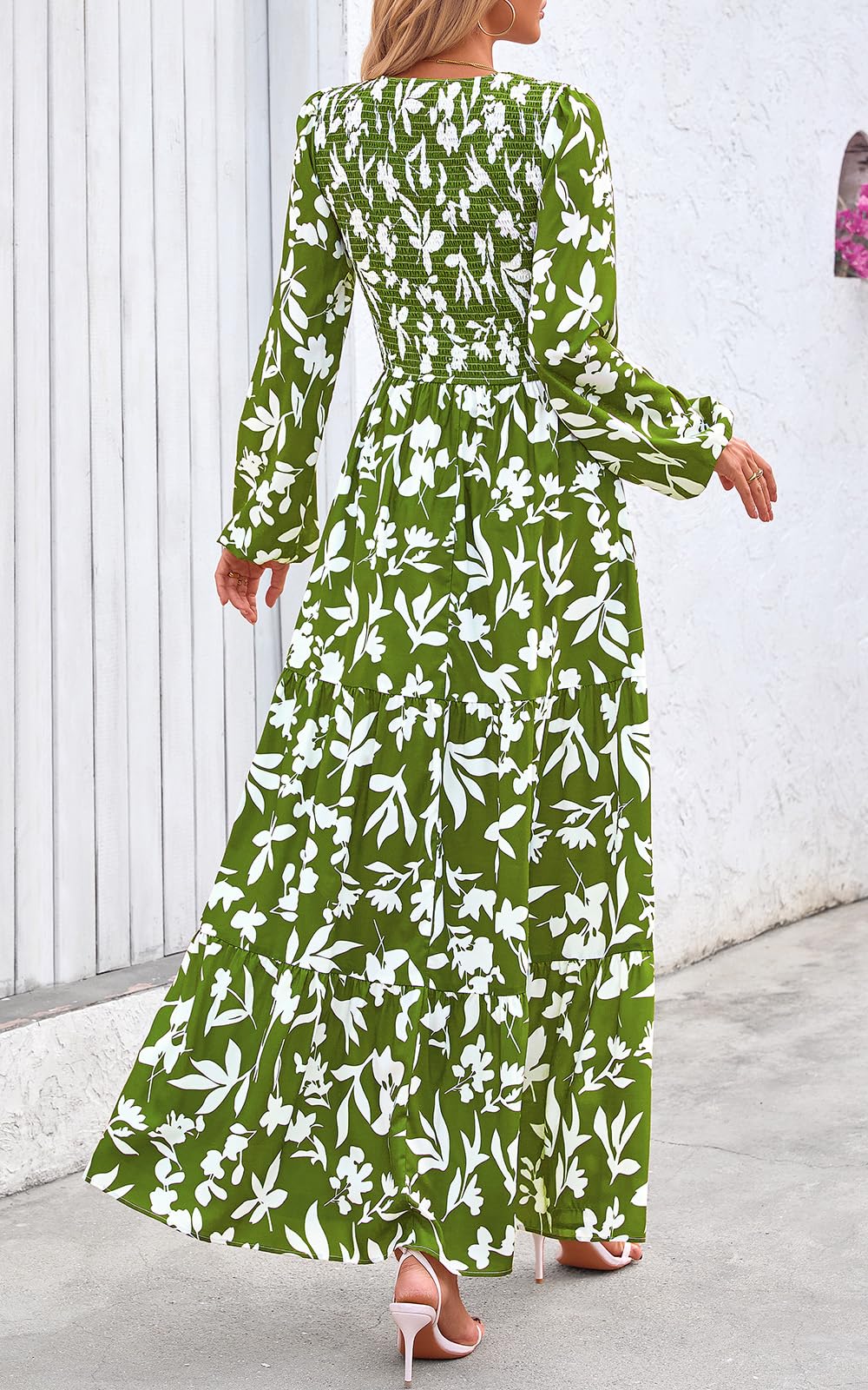 PRETTYGARDEN Women's Fall Dresses Long Sleeve Flowy Casual Floral Maxi Dress Crew Neck Smocked Tiered Long Dress