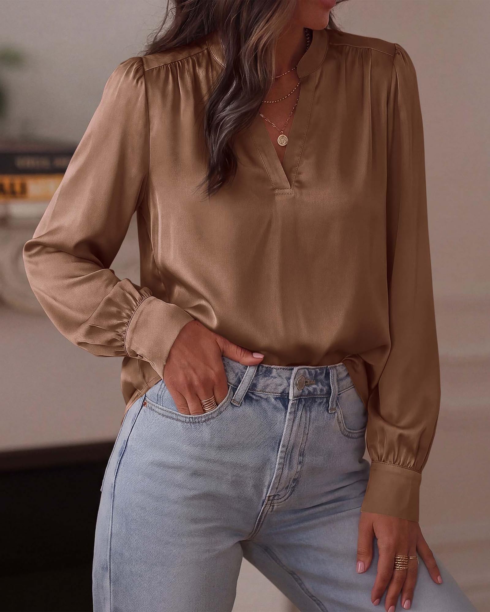 BTFBM Satin Blouses for Women Dressy Casual | Lightweight,V Neck,Long Sleeve Tops,Going Out Outfits,Fall Fashion Clothing