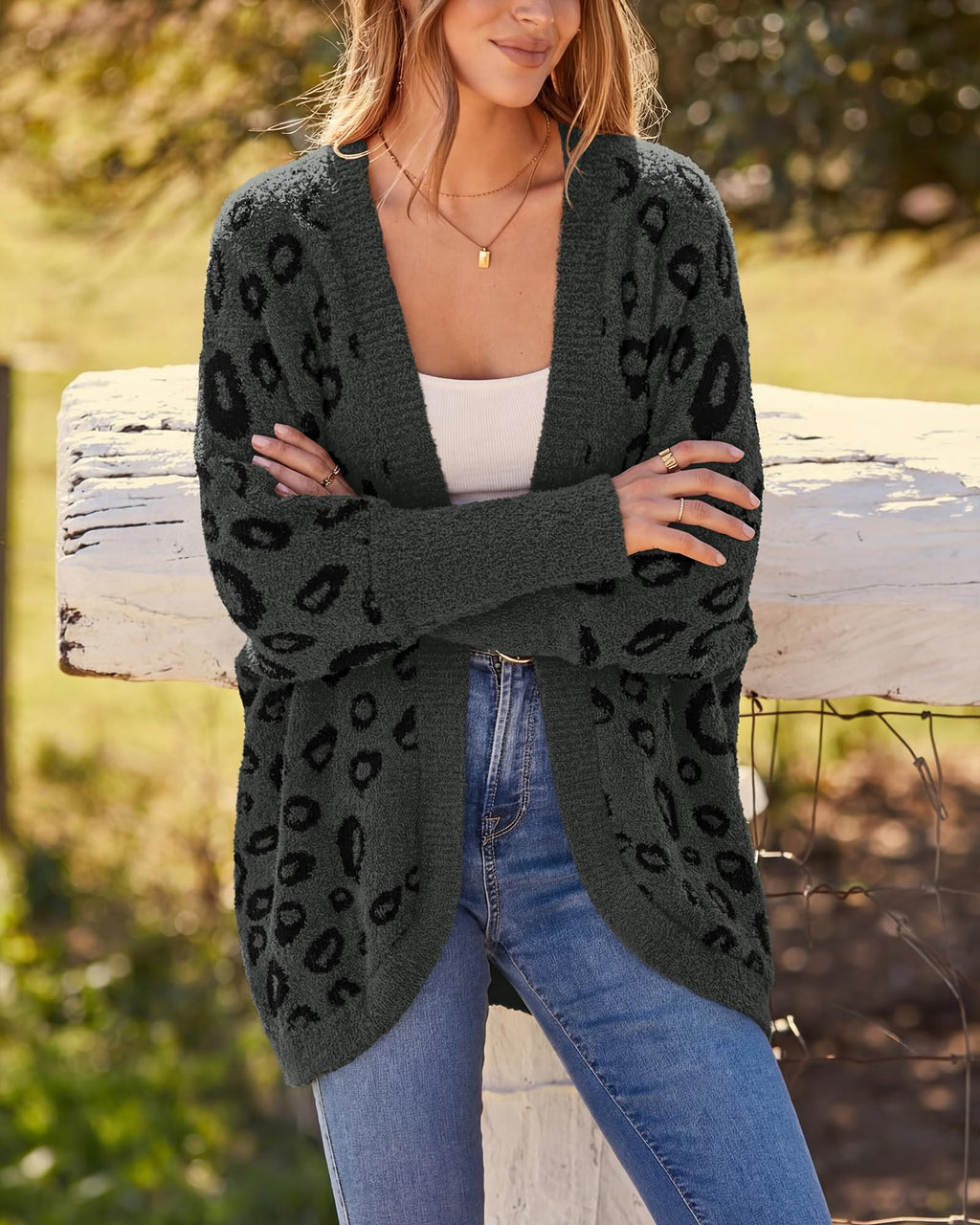 BTFBM Leopard Cardigan for Women Long Sleeve Open Front Cardigans Sweaters Pockets Loose Knit Fall Spring Outwear