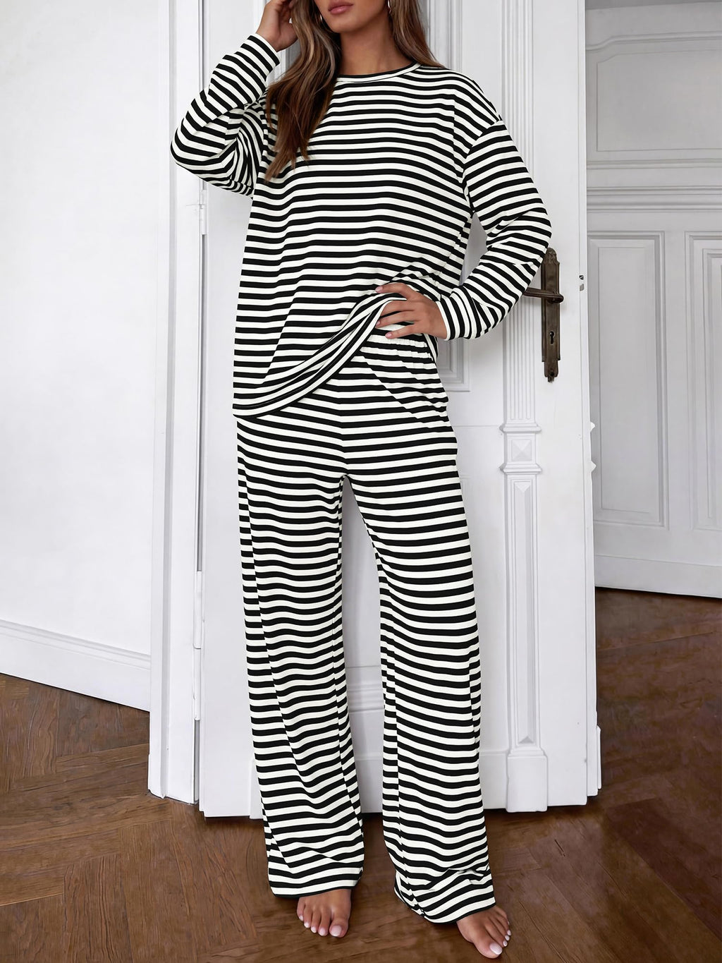 BTFBM Striped Lounge Set Sweatsuits Women 2 Piece Outfit | Womens Pajama Sets, Crew Neck Sweatshirt and Wide Leg Pants, Pockets, Airport, Travel, Vacation Outfits, Fall Winter Clothes