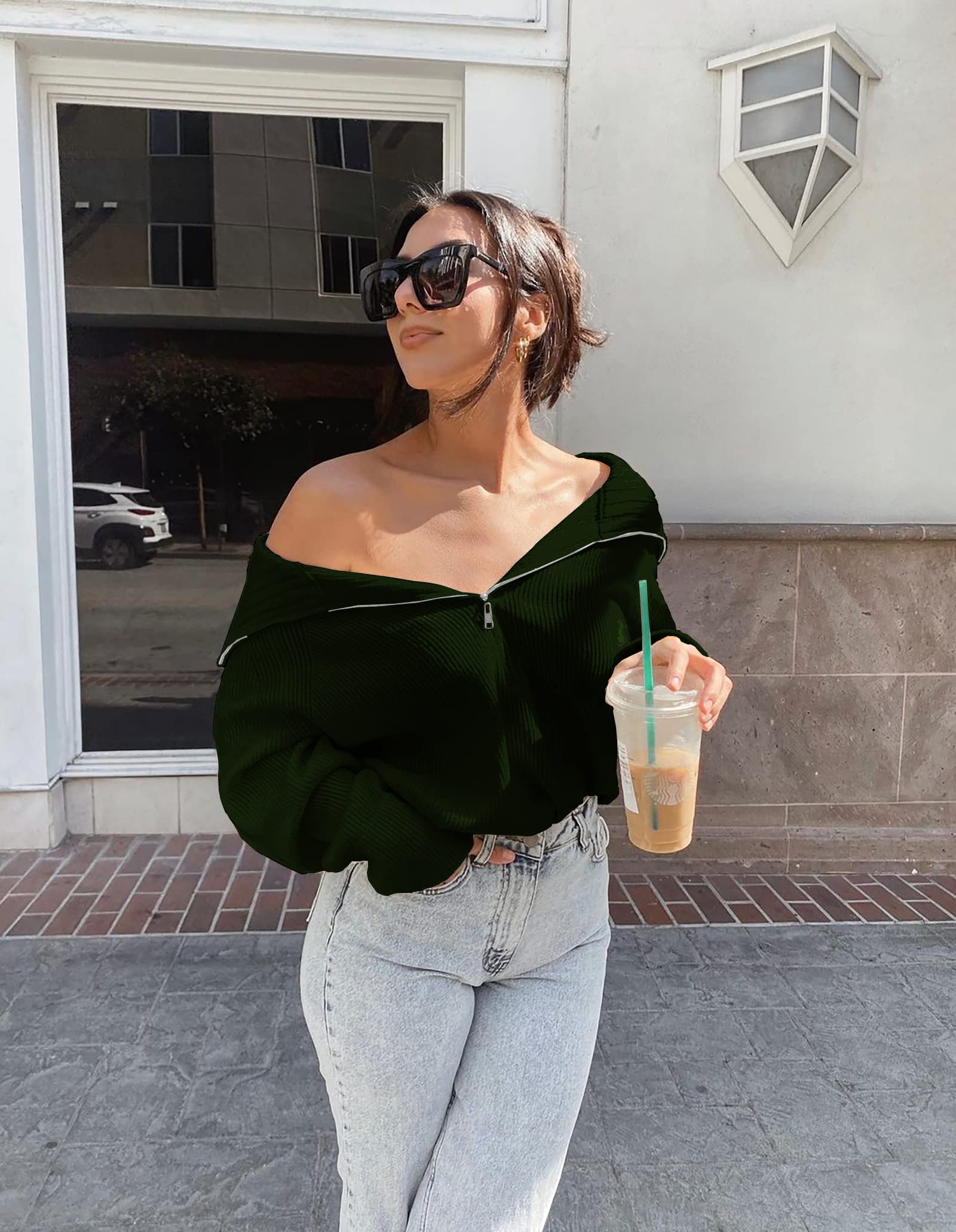 FreshPretty Womens Sweaters Quarter Zip Pullover V Neck Collar Long Sleeve Ribbed Knit Loose Casual Winter Fall Sweater