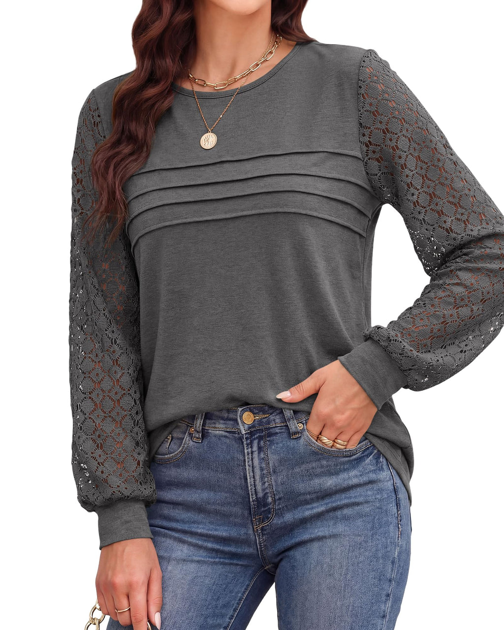 BTFBM Women's Long Sleeve Shirts Dressy Lace Fall Tops Trendy Business Casual T-Shirts Cute Work Outfits Blouses