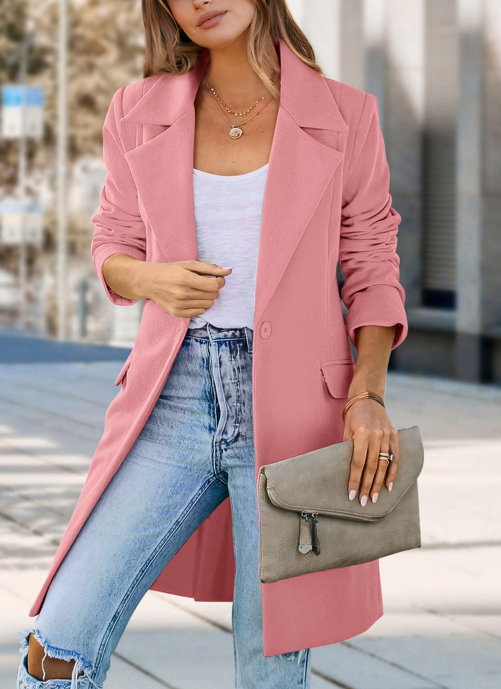 PRETTYGARDEN Women's Spring Fall Long Blazer Jackets Long Sleeve Lapel Pockets Loose Fit Work Casual Blazers Outerwear