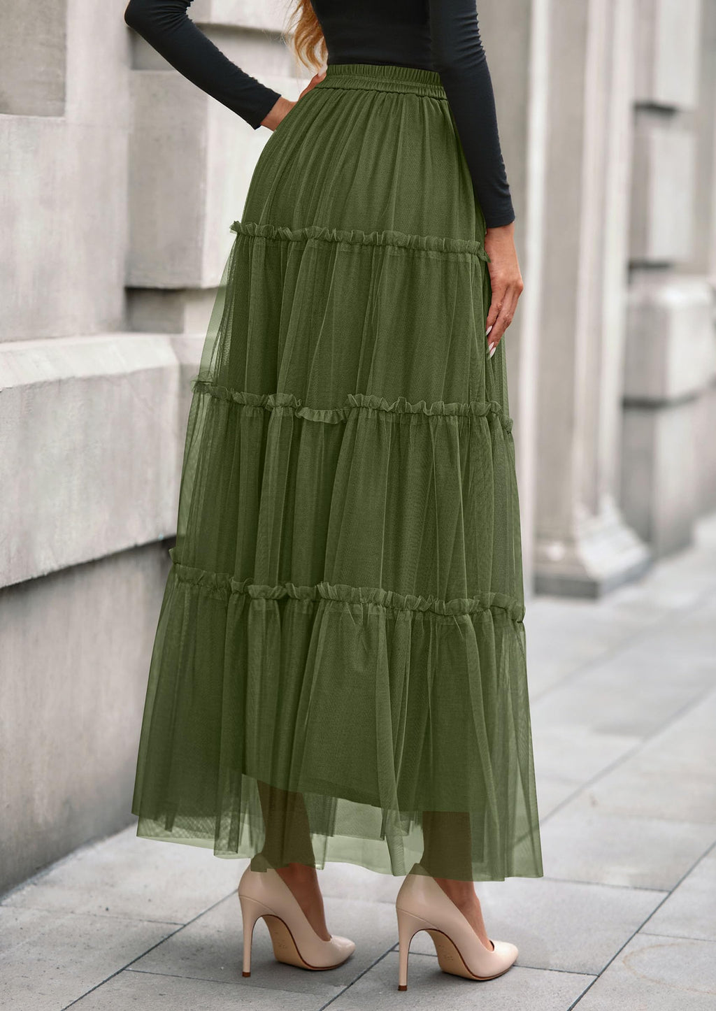 PRETTYGARDEN Tulle Skirts for Women Fall Fashion Elastic High Waisted Fairy Tiered Flowy A-Line Casual Maxi Long Skirt