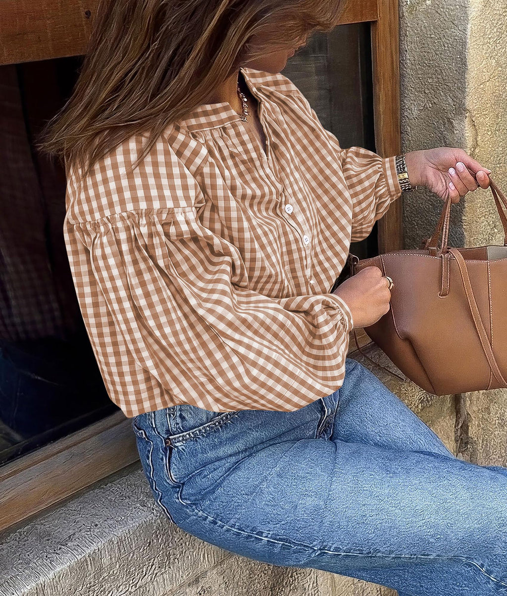 PRETTYGARDEN Women Fall Plaid Long Puff Sleeve Shirts V Neck Casual Blouses Gingham Button Down Oversized, Pleated Drop Shoulder Cotton Tops, Dressy Casual, Work Vacation Travel, Fall Outfits Trendy