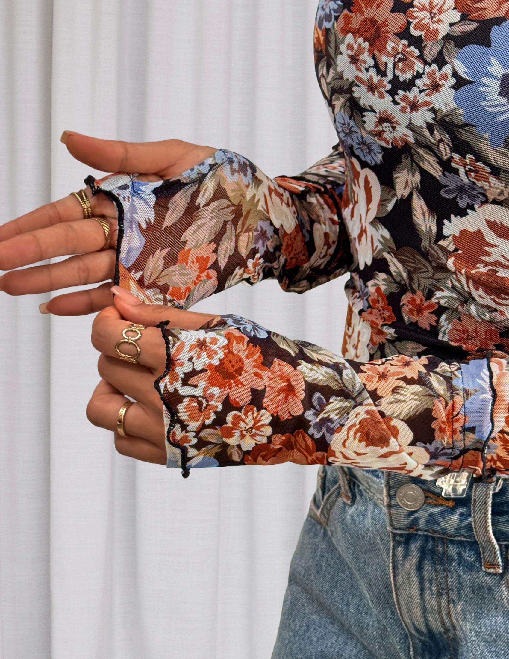 PRETTYGARDEN Womens Fall Mesh Floral Blouses Long Sleeve Going Out Tops Slim Fitted Shirts Date Night Outfits