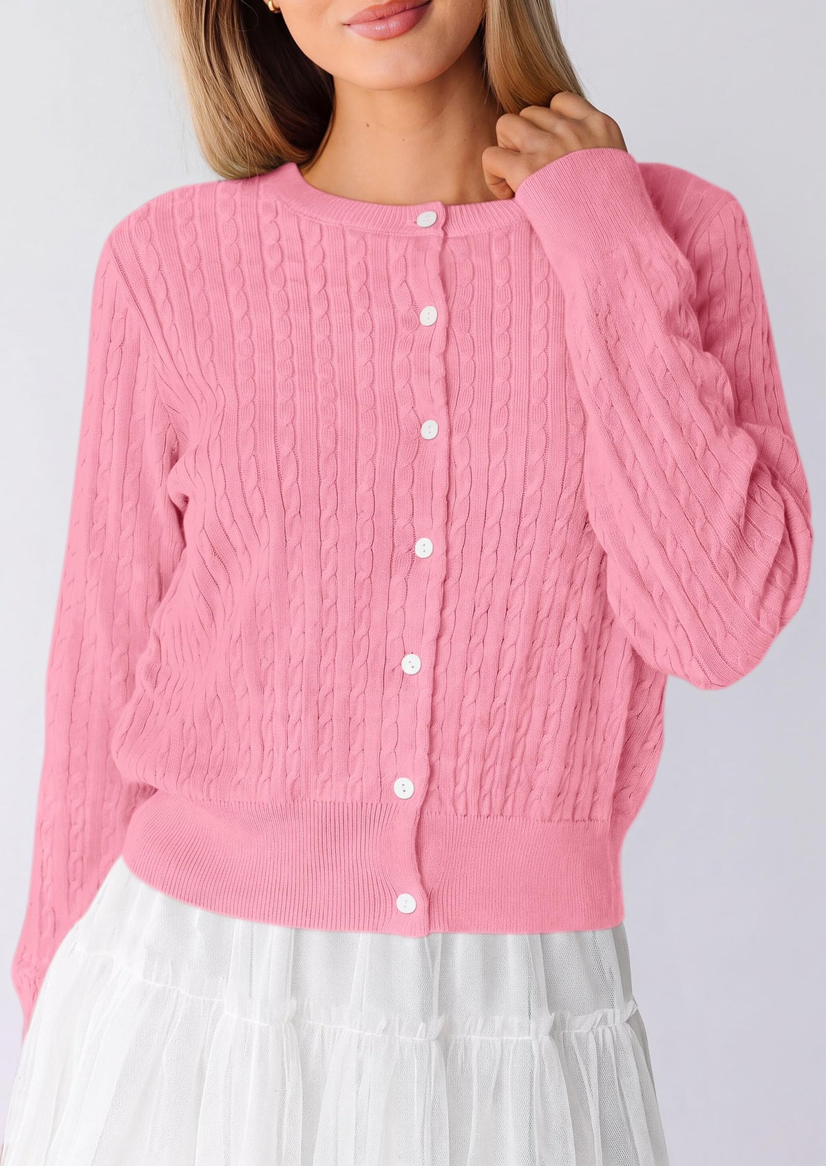 PRETTYGARDEN Women Lightweight Button Up Cardigan Sweaters | Soft Stretchy, Cozy Cable Knit, Long Sleeve Crew Neck, Trendy Cardigans, Cute Casual Outfits, Early Fall Fashion Clothing