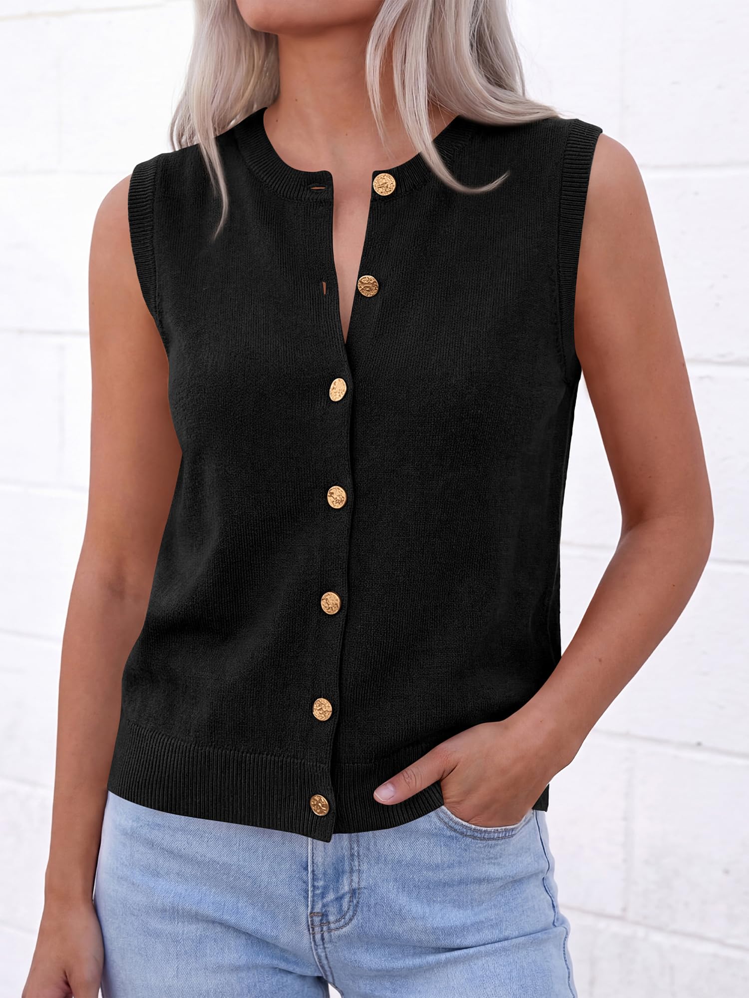 BTFBM Sweater Vest Women Casual Crewneck Loose Button Down Knit Sleeveless Cardigan Spring Clothes Summer Vest Tops