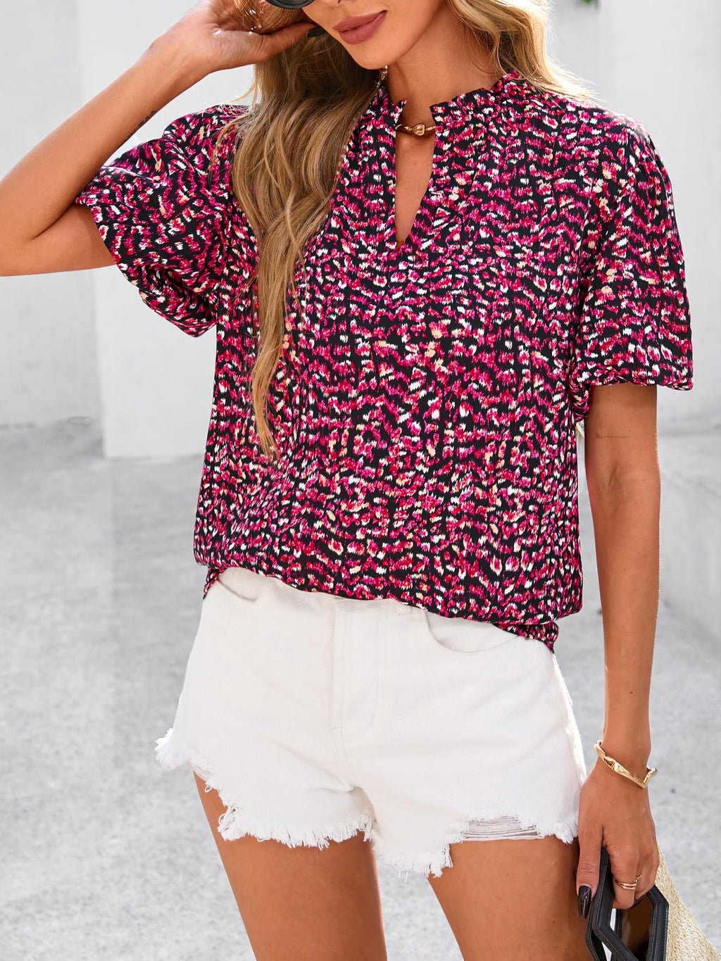 PRETTYGARDEN Boho Short Sleeve Floral Work Blouses for Women Dressy Casual V Neck Puff Sleeve Loose Chiffon Flowy Tops Shirts