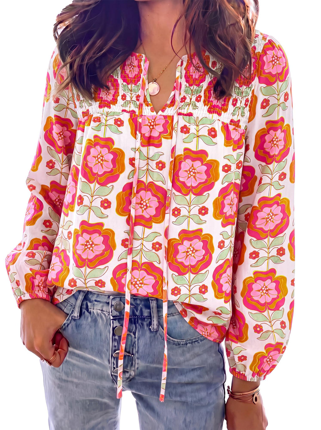 FreshPretty Boho Tops for Women Trendy Fall V Neck Floral Peasant Blouse,Lightweight Soft Puff Long Sleeve Shirts,Smocked Self-Tie Polka Dot Loose Work Blouses,Casual Daily Travel Vacation Outfits
