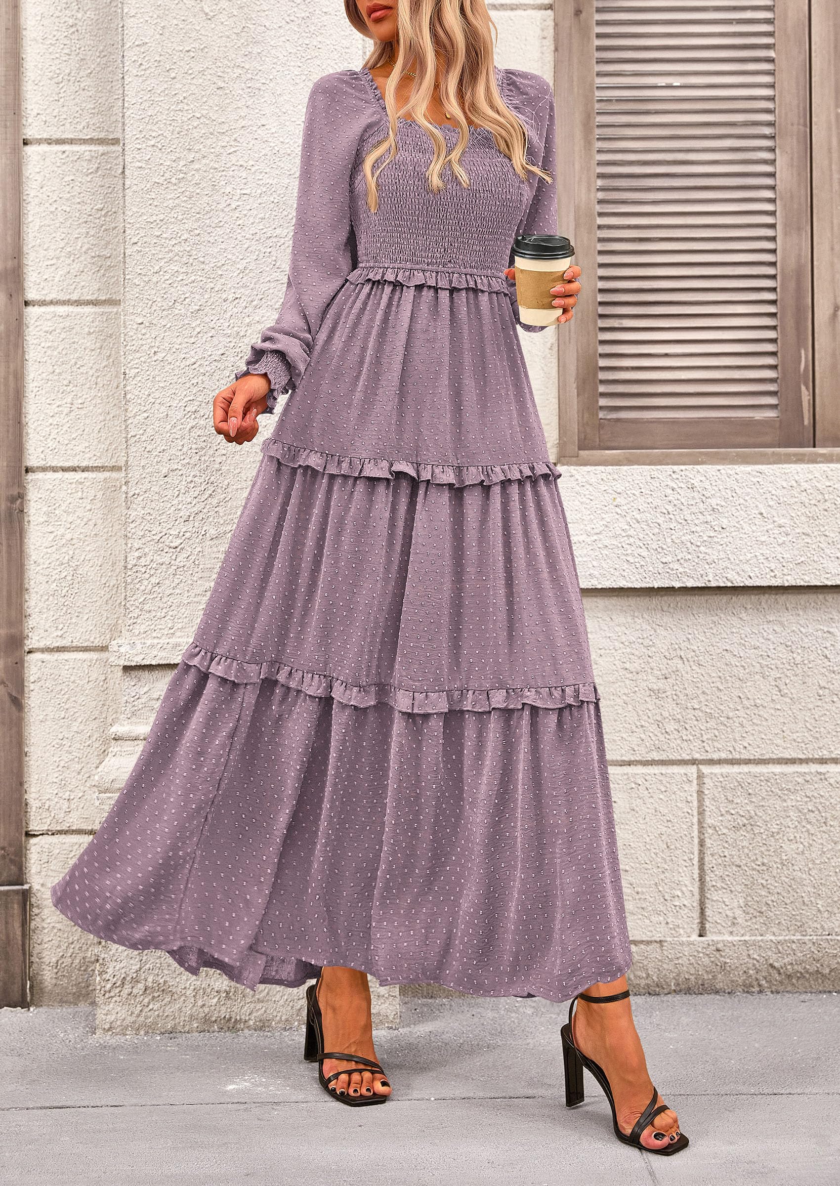 PRETTYGARDEN Fall Dresses for Women Long Sleeve Smocked Square Neck Swiss Dot Tiered Flowy Wedding Guest Maxi Dress