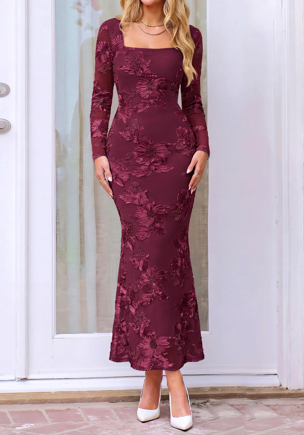BTFBM Womens Long Sleeve Bodycon Floral Mesh Maxi Fall Wedding Guest Dress Semi Formal Dresses For Bridal Shower, Engagement, Cocktail, Homecoming, Prom, Birthday Party, Date Night Outfits, Lined