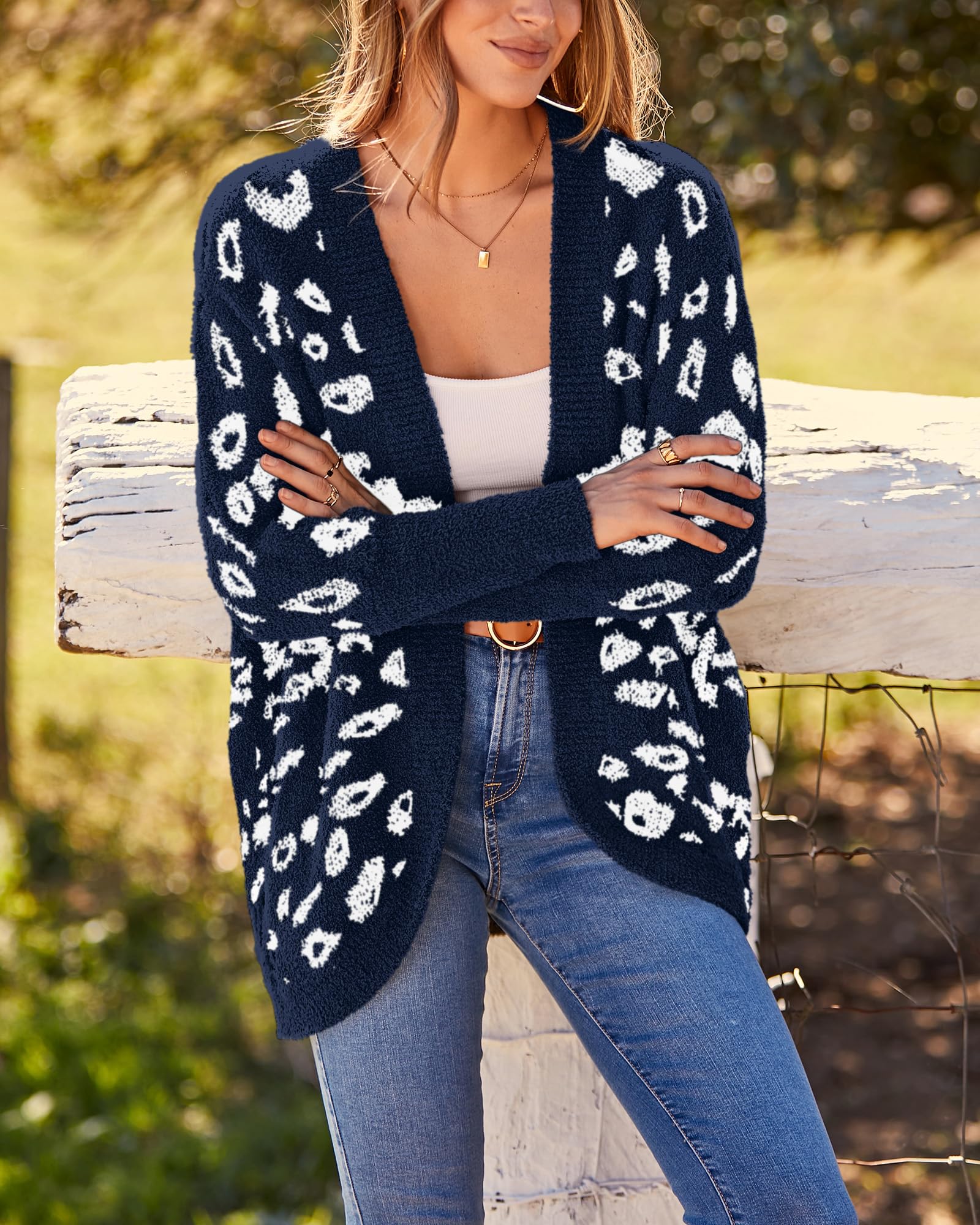 FreshPretty Leopard Cardigan for Women Long Sleeve Open Front Cardigans Sweaters Pockets Loose Knit Fall Winter Outwear