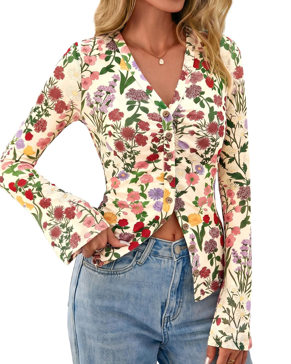 BTFBM Button Down Shirts for Women Spring Boho Tops V Neck Long Sleeve Blouses Ruched Mesh Fitted Fall Fashion